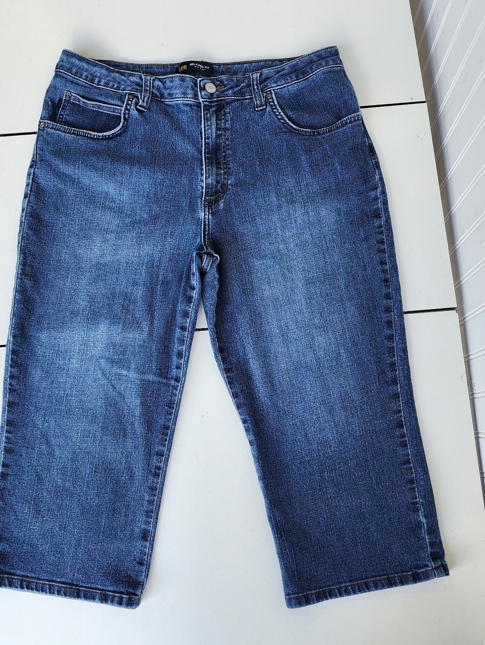 Lee Jeans Womens Blue Relaxed Fit Mid Rise Crop Capri Straight Stretch Denim 14